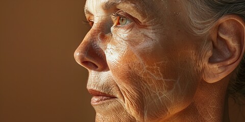 Obraz premium Closeup portrait of an elderly woman with clear, smooth skin and radiant complexion against a brown background.