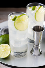 Gin Fizz cocktail with lime on black background