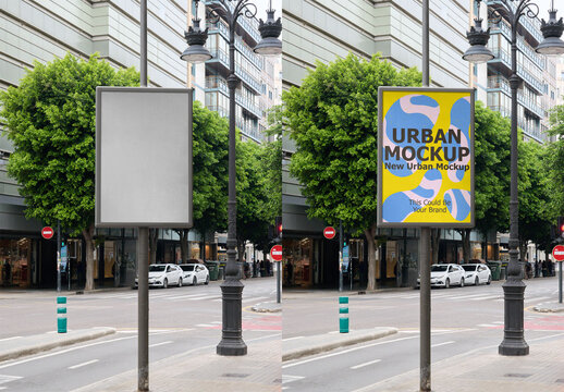 Blank outdoor ad frame mockup in an urban area.
