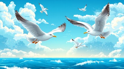 Obraz premium An illustration featuring Warp-Spun Strands showcases seagulls soaring in a clear blue sky