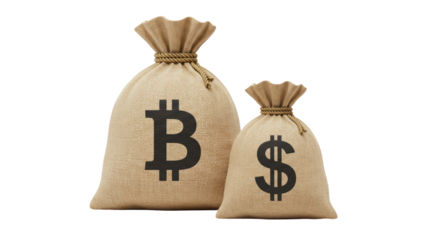 Isolated Bitcoin and Dollar Money Bags Financial Concept