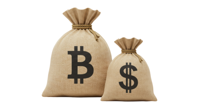 Isolated Bitcoin and Dollar Money Bags Financial Concept