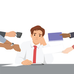 Stressed man in an office setting appears exhausted as multiple hands with various tasks and items. Flat vector illustration isolated on white background