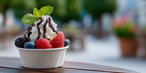 dessert presentation, artisanal ice cream cup with chocolate drizzle and fresh fruit toppings, set against a soft outdoor cafe background