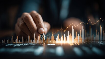 Hand manipulates glowing financial chart data visualization business concept dark background.