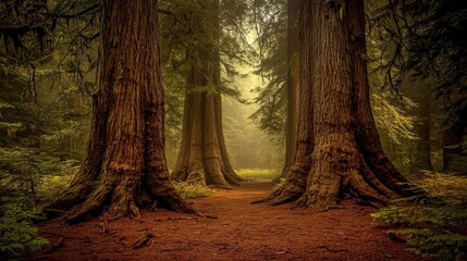 Majestic tall trees create a serene pathway in an enchanting forest at dawn beneath a golden light