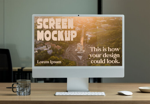 Computer Screen Mockup on a Wooden Desk Setup