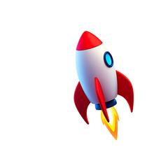 3D rocket \n icon launching with yellow orange fire flames space travel startup innovation concept isolated rendered illustration white red spaceship futuristic technology graphic