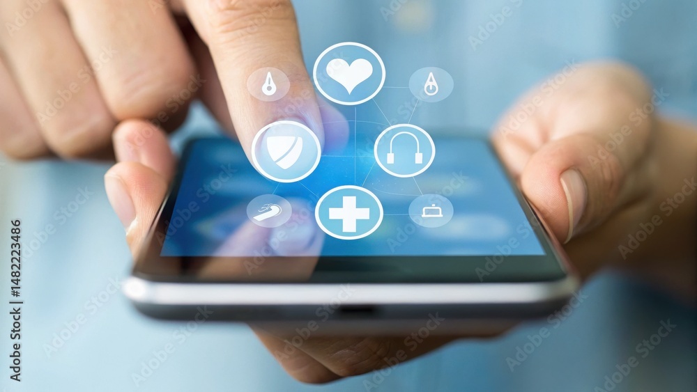 Poster a hand interacts with a smartphone displaying health-related icons, symbolizing the integration of t