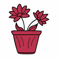 Simple Cartoon Drawing of Red Flowers in a Pot