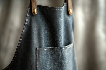 Grey Apron Mockup Hanging on Hook with Subtle Stitching on Soft Background
