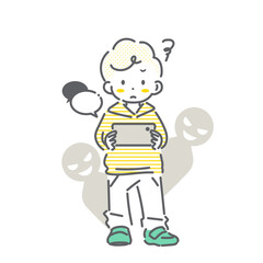 スマートフォンの使用でトラブルになる男の子　シンプルでかわいい線画イラスト
