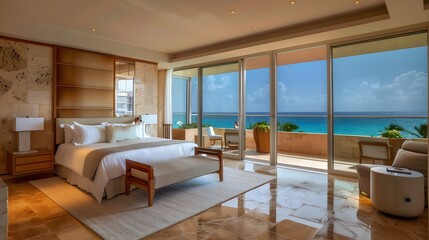 Fototapeta premium Luxurious Ocean View Bedroom Suite featuring a king-size bed, stunning coastal scenery, and elegant decor.