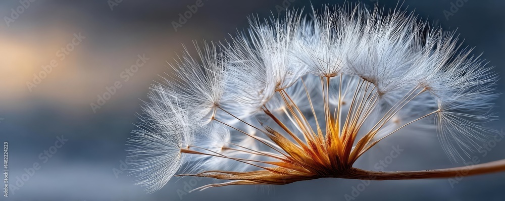 Poster blowing in the wind with torn leaves across cloudy sky concept. close-up of a delicate dandelion see