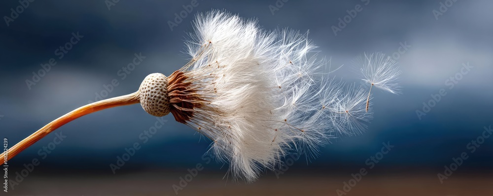 Poster blowing in the wind with torn leaves across cloudy sky concept. delicate dandelion seeds floating in