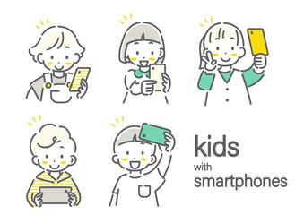 楽しくスマートフォンを使う子供たち　シンプルでかわいい線画イラスト