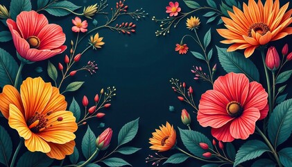 Bold, stylized botanical print, rich color palette, dramatic composition , stylish, print, illustration