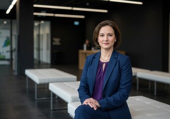 Confident businesswoman in a blue suit sitting in a modern office lobby area