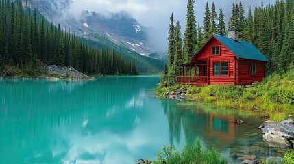 Fototapeta premium A red house nestled by a tranquil lake. 