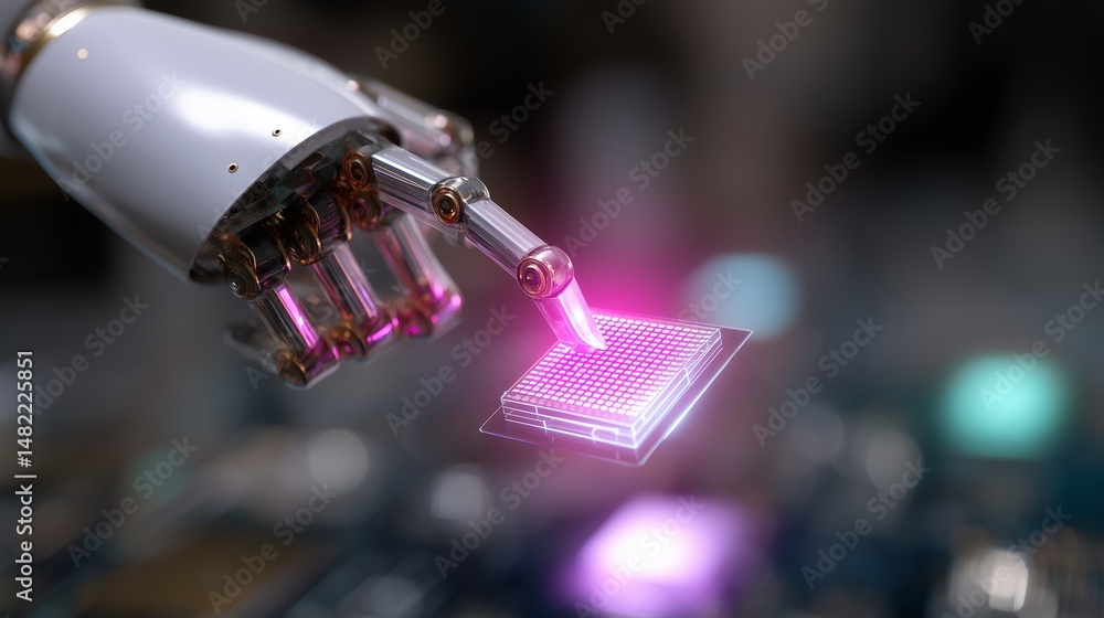 Poster robotic hand interacting with a holographic microchip in a futuristic technology lab