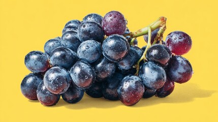Fresh, Juicy, Vibrant Purple Grapes Isolated Against A Bold Yellow Background. Wine Grape Variety.