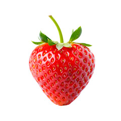 Single fresh ripe red strawberry with green leaf on a white background fruit nature botanical isolated object healthy eating organic food.