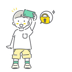 安心してスマホを楽しく使う男の子　シンプルでかわいい線画イラスト