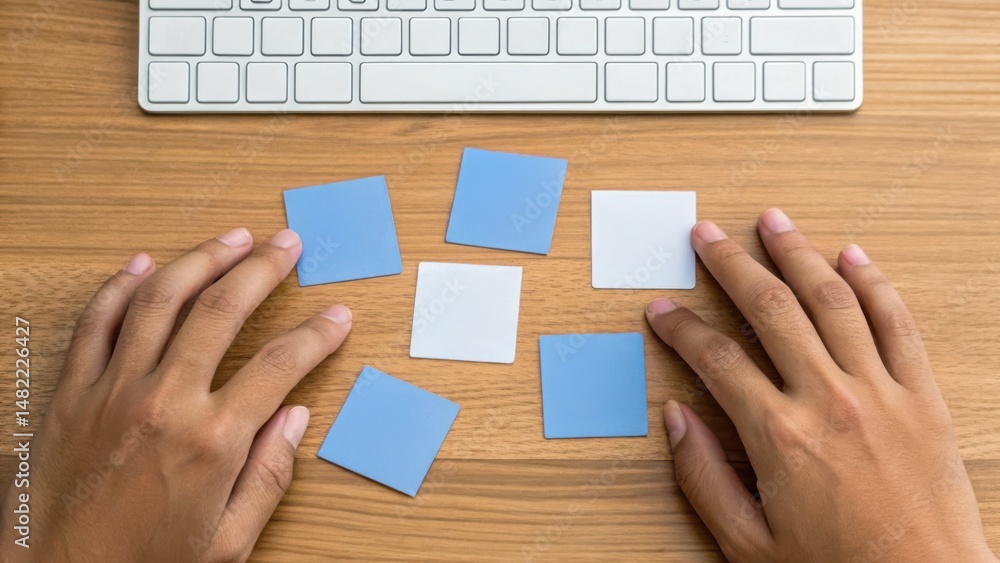 Poster hands arranging colorful sticky notes on a wooden desk near a keyboard, emphasizing creativity and o