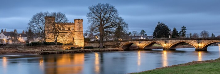 Obraz premium Historic Castle Bridge River Twilight Scenic Landscape Night uk sky old town dark calm blue gray