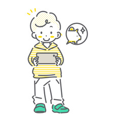 安心してスマホを楽しく使う男の子　シンプルでかわいい線画イラスト