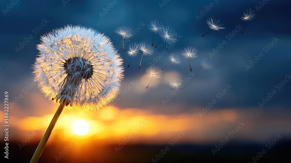 Poster blowing in the wind with torn leaves across cloudy sky concept. a dandelion blowing in the wind at s