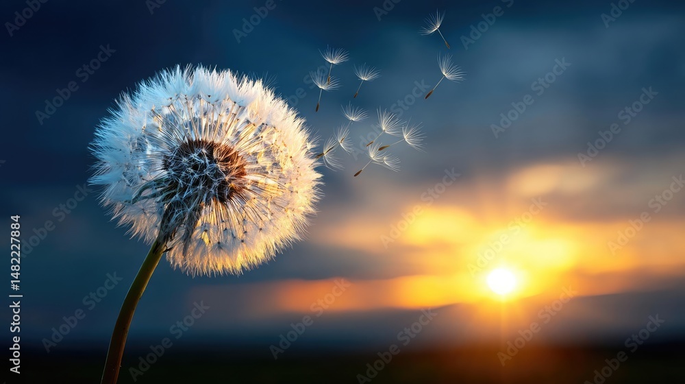 Poster blowing in the wind with torn leaves across cloudy sky concept. a delicate dandelion at sunset with 