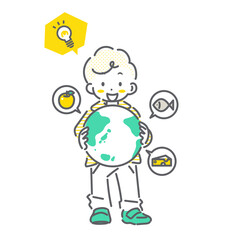 社会科の勉強にワクワクする小学生　シンプルでかわいい線画イラスト