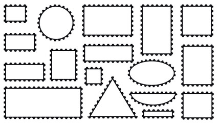 Jagged edge frame different geometry set. Black border with copy space. Framing round, square, rectangular, oval, triangular shape. Vector elements