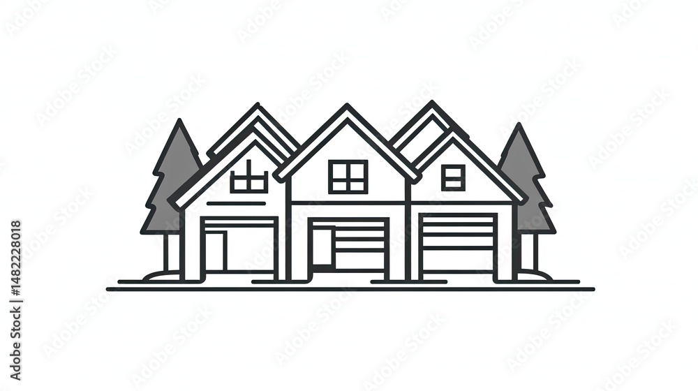 Poster a residential community icon in linear style, representing private houses with editable stroke width