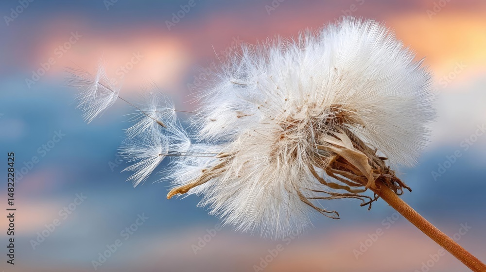 Poster blowing in the wind with torn leaves across cloudy sky concept. a close-up of a dandelion blowing in