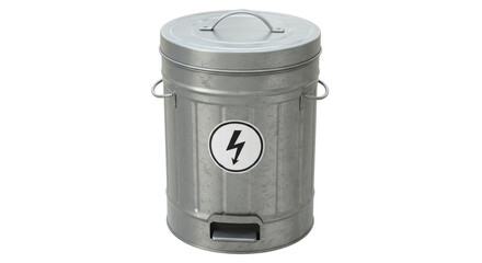 Isolated Metal Trash Can with Electrical Hazard Symbol