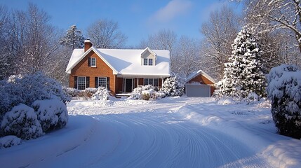 A residential house after a snowstorm. 
