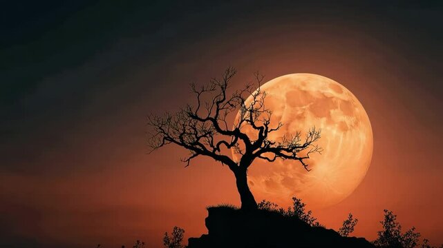 Halloween backdrop with a spooky dead tree silhouette at night under a full moon