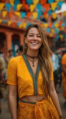 Obraz premium Happy young woman smiling at street festival under colorful bunting