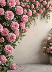 Fototapeta premium Romantic vintage floral wall Pink roses, daisies, hydrangeas Elegant, shabby chic , soft pink, elegant background, vintage background