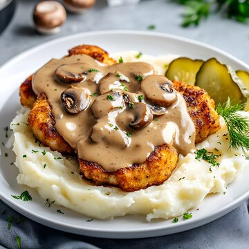 Delicious chicken fried steak served on creamy mashed potatoes with savory mushroom gravy and pickles