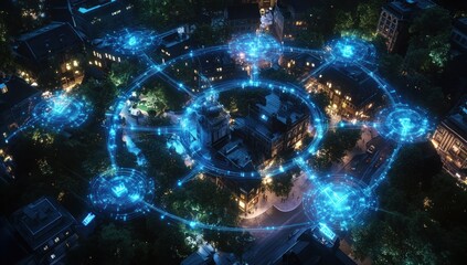 Night Cityscape Aerial View: Smart City Network Visualization