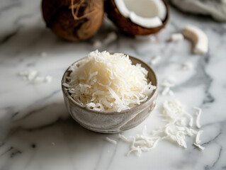Finely shredded unsweetened coconut on a kitchen counter, styled with natural props and professional cookbook-style lighting