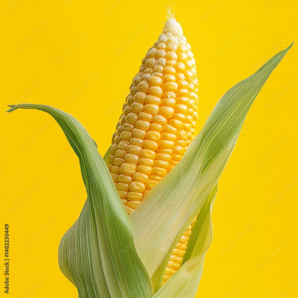 Poster freshly picked corn on the cob, isolated on yellow background a study in texture and color