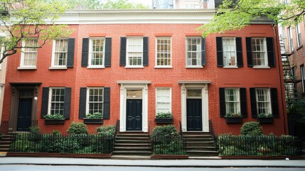 Naklejka premium Elegant Red Brick Townhouses in Urban Setting