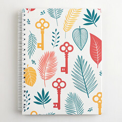 Decorative Notebook Cover with Vintage Keys and Colorful Botanical Leaf Pattern

