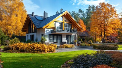 A residential house with a garden in autumn. 