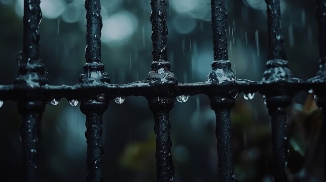 Raindrops cascade down an iron fence during a gloomy day in an urban garden setting