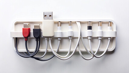Cable organizer on white background ideal for electronic accessories and wire management visuals